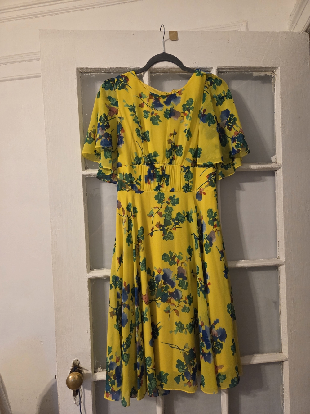 Calvin Klein Yellow Floral Midi Dress with Flutter Sleeves